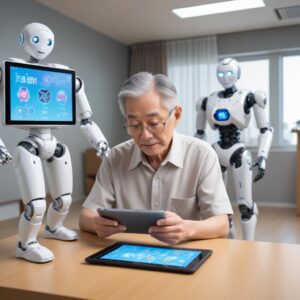 A Japanese elderly man with mild dementia using a tablet with an AI-powered cognitive game, supervised by a friendly-looking robot assistant in the background. The room is tidy and futuristic.