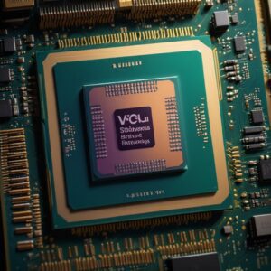 A close-up shot of a CPU package with stacked layers, visually emphasizing the 3D V-Cache technology. The chip is vibrant with internal circuits visible, suggesting advanced engineering.
