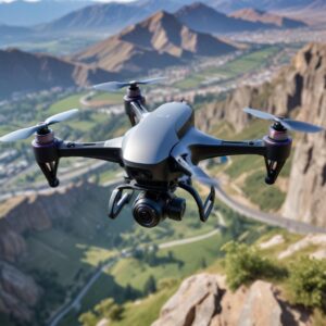 A close-up shot of the Insta360 AntiGravity A1 camera mounted on a sleek, racing FPV drone, mid-flight over a dynamic landscape (e.g., mountains or city skyline), with a blurred background to emphasize speed and the camera's compact size. The drone is in action, hinting at agility and extreme maneuvers.