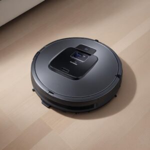 A close-up shot of the Samsung robot vacuum's underside, highlighting advanced brush design, powerful suction inlet, and innovative wheels. Emphasize the strong, durable materials and a clean, efficient look.