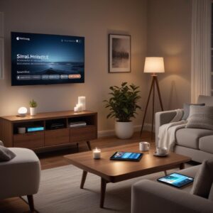 A cozy living room at night, with ambient smart lighting, a smart TV displaying a calming scene, and a tablet on the coffee table showing the SmartThings app. The overall atmosphere is modern, relaxed, and connected.