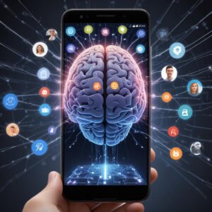 A detailed graphic showing an AI brain glowing within a smartphone screen, with lines connecting to various photo types like selfies, group photos, and travel pictures, symbolizing the smart processing for Google Photos Recap 2025.