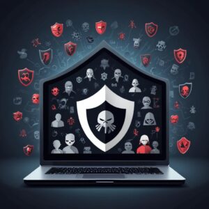 A detailed illustration of various types of malware (Adware, Spyware, Ransomware, Trojan) depicted as small, shadowy figures or icons trying to sneak into a digital device (laptop or smartphone) which is protected by a shield icon.