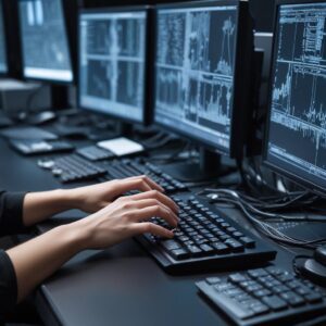 A detailed shot of hands working intensely on a computer keyboard and multiple monitors, displaying complex network system configurations and code, set in a modern IT competition environment.