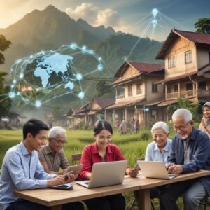 A diverse group of Indonesian people (students, small business owners, elderly) happily using laptops and smartphones with a fast internet connection, depicted with a digital network overlay connecting them. The setting is a mix of urban and rural landscapes, symbolizing nationwide access.