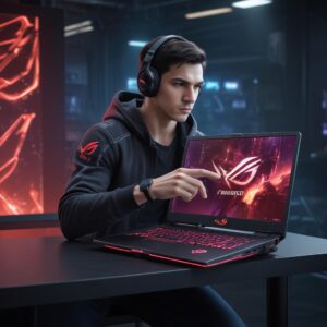 A gamer intensely focused on an ASUS ROG laptop, with dynamic lighting effects emanating from the screen. AI-driven graphics enhancements are subtly visible on the game screen, depicting a high-fidelity virtual world.