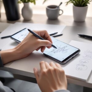 A hand holding a Samsung S Pen, writing notes or sketching on a Samsung phone screen. The S Pen should look sleek and futuristic, with digital ink appearing on the screen. The background could be a creative workspace.