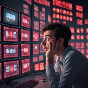 A person looking shocked and worried at a computer screen filled with numerous pop-up windows, some showing fake virus alerts, others showing 