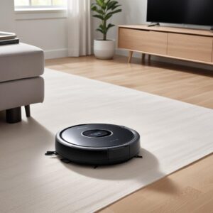 A sleek, futuristic Samsung robot vacuum with strong suction power, visible vortex of dust and small debris being pulled into its opening. The robot is cleaning a modern living room with a mix of hard floor and carpet.