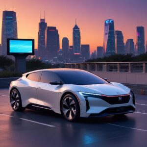 A sleek, futuristic electric car (AFEELA) with the Sony and Honda logos, parked against a backdrop of a smart city skyline at sunset. The car's interior shows a large display screen playing a vibrant PS5 game, with a DualSense controller visible on the passenger seat.