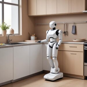 A sleek, modern LG CLOi robot with a friendly interface, standing in a clean, minimalist kitchen preparing a meal with its robotic arm, while a neatly folded stack of clothes sits nearby.