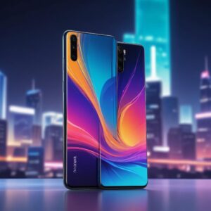 A sleek, modern smartphone with a large, edge-to-edge display showing vibrant colors. The phone has a subtle 