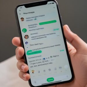 A smartphone screen showing the WhatsApp settings for 'Starred Messages' or 'Pesan Berbintang', with a list of important messages. Another hand is tapping the screen to access the starred messages. The background has faint icons related to data and privacy.