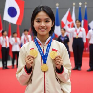 An Indonesian student proudly holding a gold medal at an international IT competition, with flags of Japan and Korea in the background slightly lower, symbolizing their defeat. The student is wearing a competition uniform.