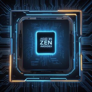 An abstract, futuristic image of a CPU chip with glowing blue lines, representing the Zen 5 architecture, surrounded by holographic data streams. The AMD logo is subtly integrated.