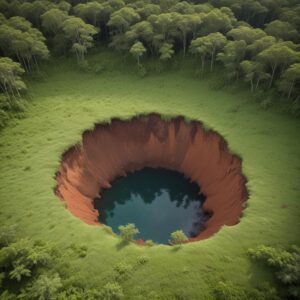 An aerial view of a large sinkhole in a lush, green landscape, with a small stream seemingly disappearing into the ground. The soil around the sinkhole is reddish-brown, indicating rich earth, while the surrounding area is covered with dense tropical vegetation. The sky is partly cloudy, suggesting an active weather system.