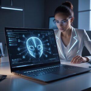 An elegant, futuristic laptop with glowing AI elements integrated into its design, showing a user working productively with creative tools on screen. The background is a clean, modern workspace.