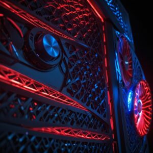 An extreme close-up shot of the back of the Redmagic 11 Pro, highlighting its futuristic design, RGB lighting elements glowing in a vibrant red or blue, and the intricate fan grille of the AquaCore Cooling System. The focus should be on the detailed textures and the aggressive, high-tech aesthetic.