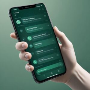 An illustration of a hand holding a smartphone with the WhatsApp chat interface showing formatted text (bold, italic, strikethrough). The background is a subtle gradient of green and white, depicting digital communication lines.