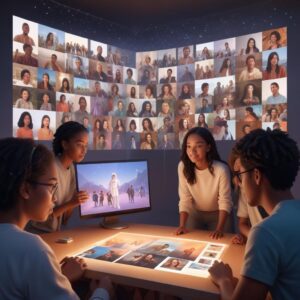 An illustration showing a diverse group of people looking at a glowing, interactive projection of their past photos and videos from Google Photos, with a futuristic interface. The scene is warm and nostalgic.
