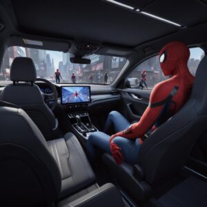 An interior shot of the AFEELA car, focusing on the large infotainment screen displaying a PS5 game in action (e.g., Spider-Man 2). Two passengers in the back are comfortably seated, looking engaged with the game. The car's cabin is modern and minimalist.