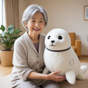 An older Japanese woman gently holding a cute, white, fluffy seal robot (Paro) in a modern, brightly lit care home. The woman has a serene smile. The robot's eyes are open.
