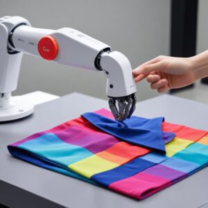 Close-up of LG CLOi's robotic arm precisely folding a colorful t-shirt on a designated folding surface, demonstrating its intricate mechanics and sensor technology.