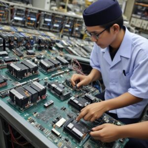 Gambaran visual sebuah pabrik komponen elektronik yang ramai atau gudang penyimpanan chip semikonduktor, dengan beberapa elemen grafis yang menunjukkan krisis kekurangan pasokan global dan biaya produksi yang meningkat.