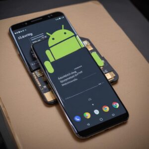 Illustrasi tangan memegang smartphone Android kelas menengah dengan latar belakang grafik harga yang naik tajam, menunjukkan keterbatasan pasokan komponen seperti chip semikonduktor.