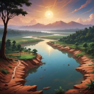Ilustrasi artistik permukaan Mars di masa lalu, menunjukkan sungai-sungai mengalir, danau-danau luas, dan langit yang lebih tebal dengan awan, mirip dengan pemandangan di Bumi.