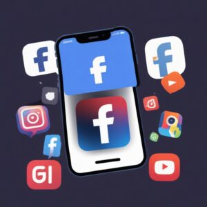 Logo media sosial besar seperti Facebook, Instagram, TikTok, dan YouTube yang dikelilingi oleh simbol kunci dan perisai, menunjukkan adanya pembatasan dan perlindungan.