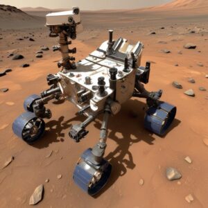 Rover NASA (misalnya Curiosity atau Perseverance) sedang memeriksa batuan di permukaan Mars, dengan instrumen robotik yang menunjuk ke batuan berlapis atau mineral lempung. Latar belakang menunjukkan lanskap Mars modern yang kering.