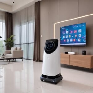 Sebuah robot cerdas LG CLOi dengan desain minimalis dan futuristik, membersihkan lantai di ruang tamu yang modern, dengan peralatan LG ThinQ lainnya (TV, AC) terlihat di latar belakang. Cahaya lembut masuk dari jendela besar.
