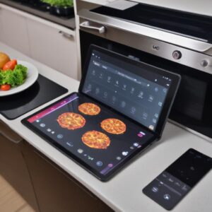 Tampilan antarmuka aplikasi LG ThinQ di layar tablet, menunjukkan kontrol atas berbagai perangkat rumah tangga LG (kulkas, mesin cuci, oven) dengan ikon-ikon yang jelas, di tengah latar belakang dapur pintar yang bersih dan modern.